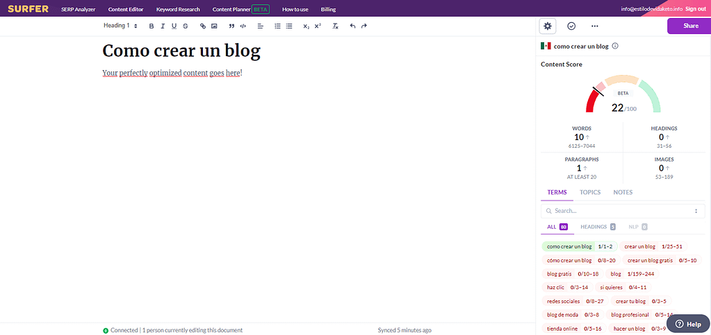 editor de contenido surfer seo