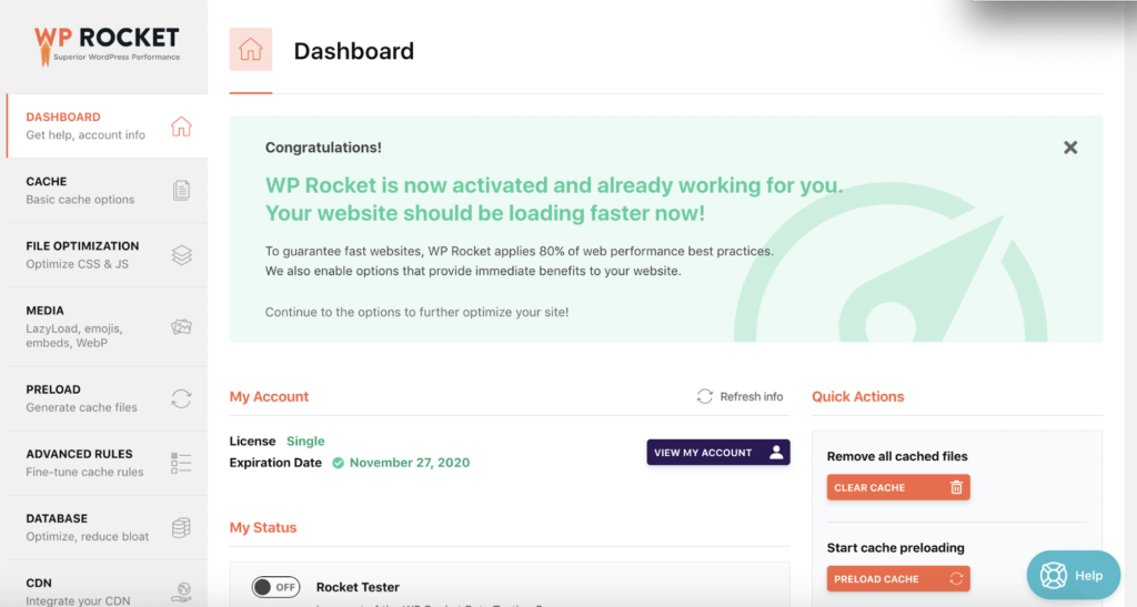 wp rocket dashboard