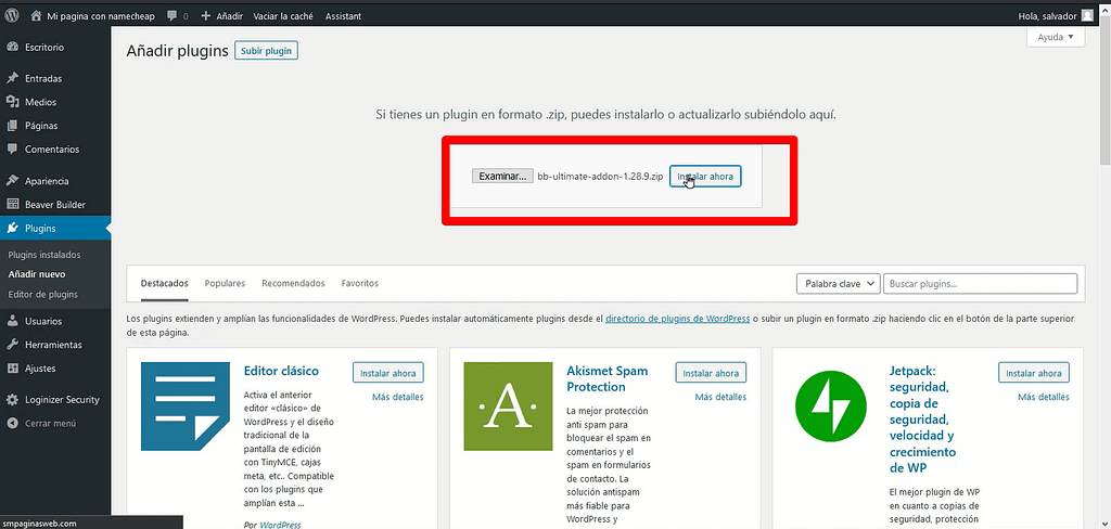 instalando plugin ultimate addons beaver builder
